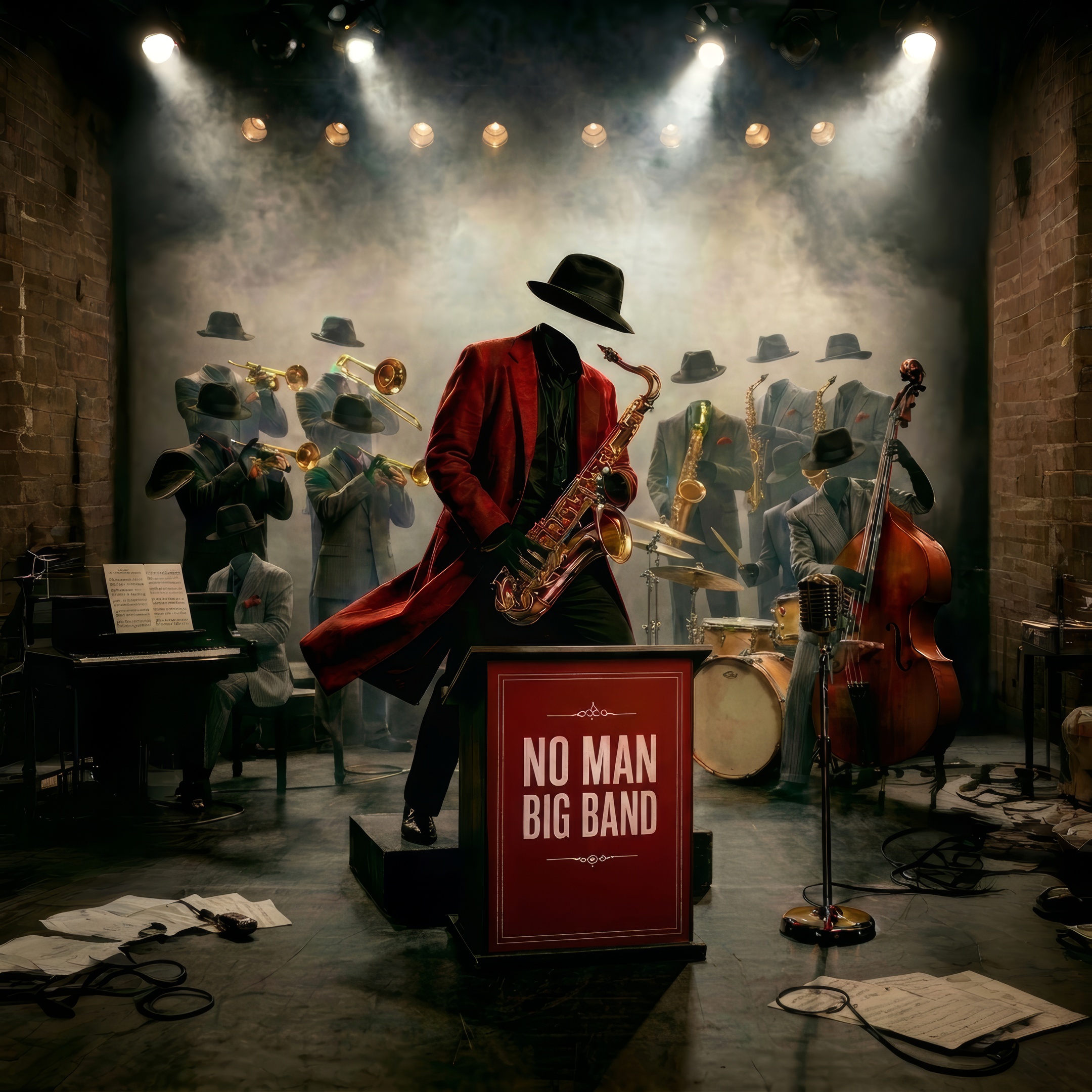 Bilde av No Man Big Band. En artist i forgrunnen med bandet bak. Ingen av personene har kropper. Klær og instrumenter svever i luften
