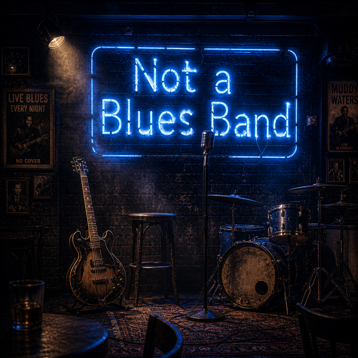 Bilde av Not a Blues Band neonskilt med gitar, mikrofon og trommesett i forgrunnen